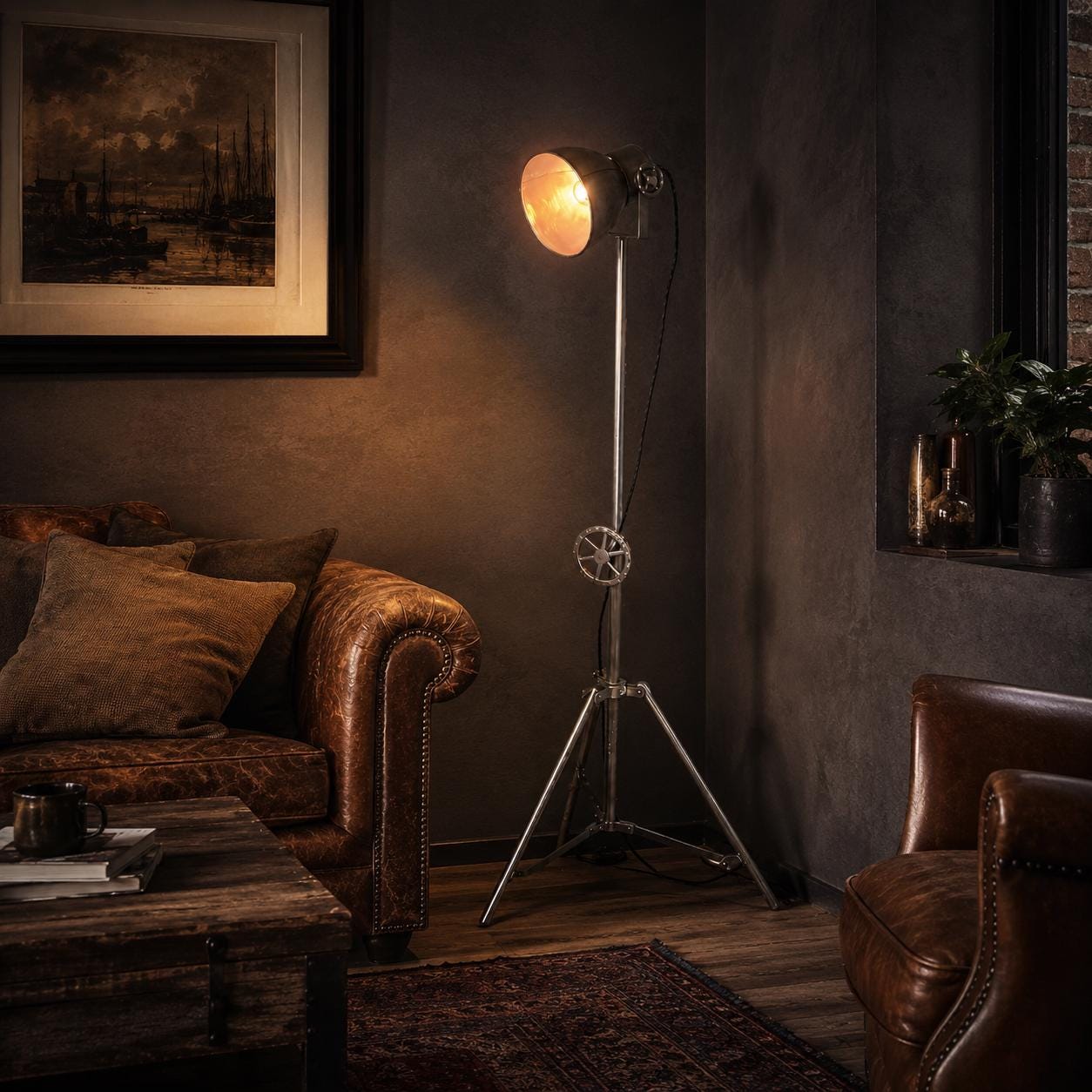 Industrial Tripod Theatre Floor Lamp | Vintage Spotlight Reading Light