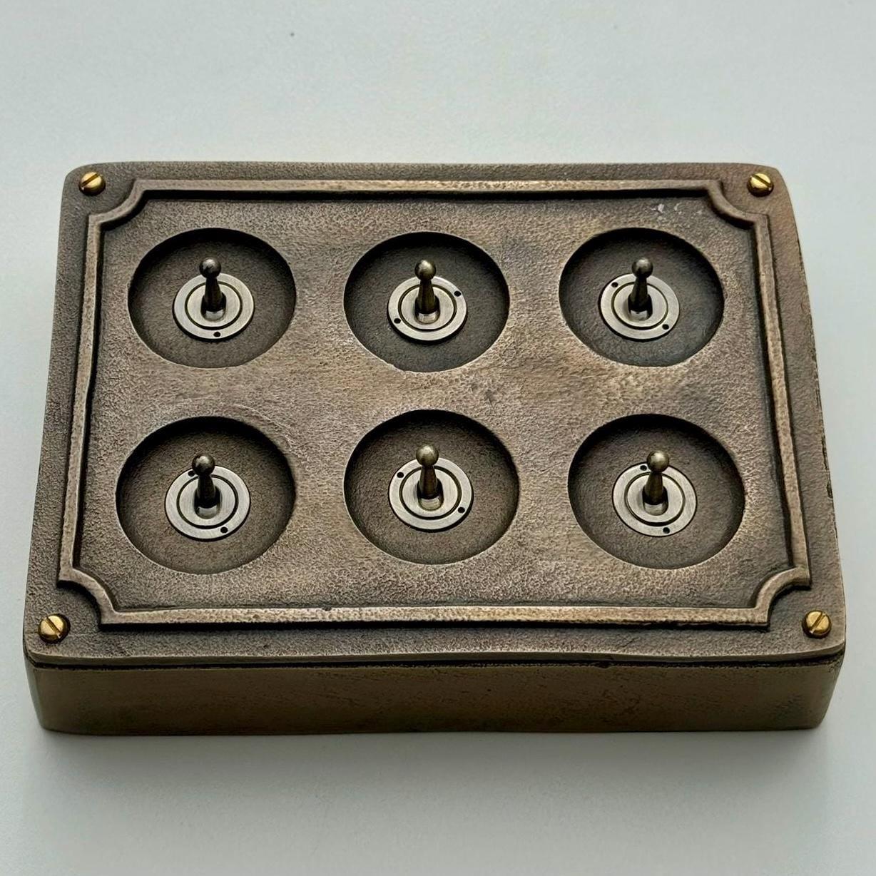 6 Gang 2 Way Bronze Solid Cast Metal Surface Mounting Conduit Light Switch Industrial - BS EN Approved Vintage Britmac Style