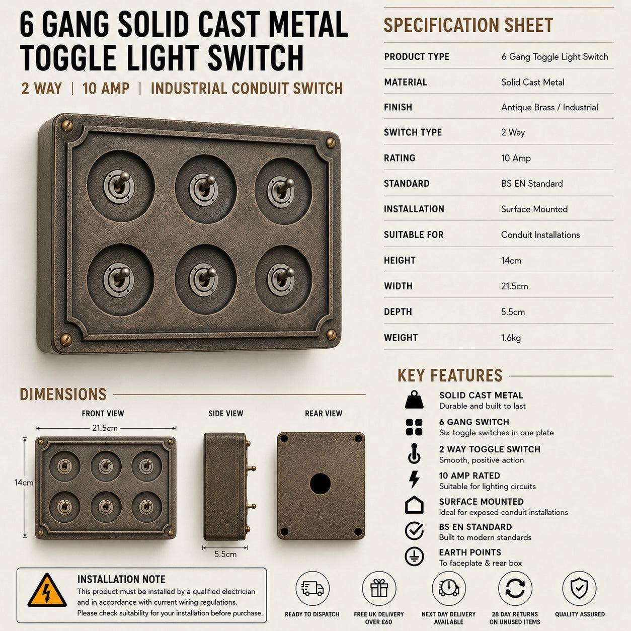 6 Gang 2 Way Bronze Solid Cast Metal Conduit Light Switch Industrial