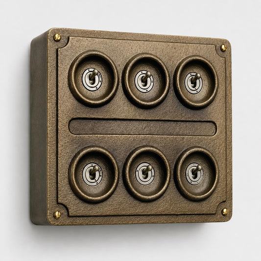 6 Gang 2 Way Antique Brass Solid Cast Metal Toggle Light Switch | Industrial Vintage Style