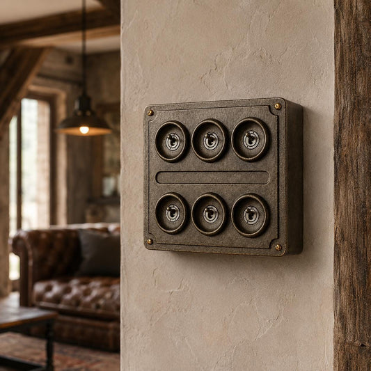 6 Gang 2 Way Antique Brass Solid Cast Metal Toggle Light Switch | Industrial Vintage Style