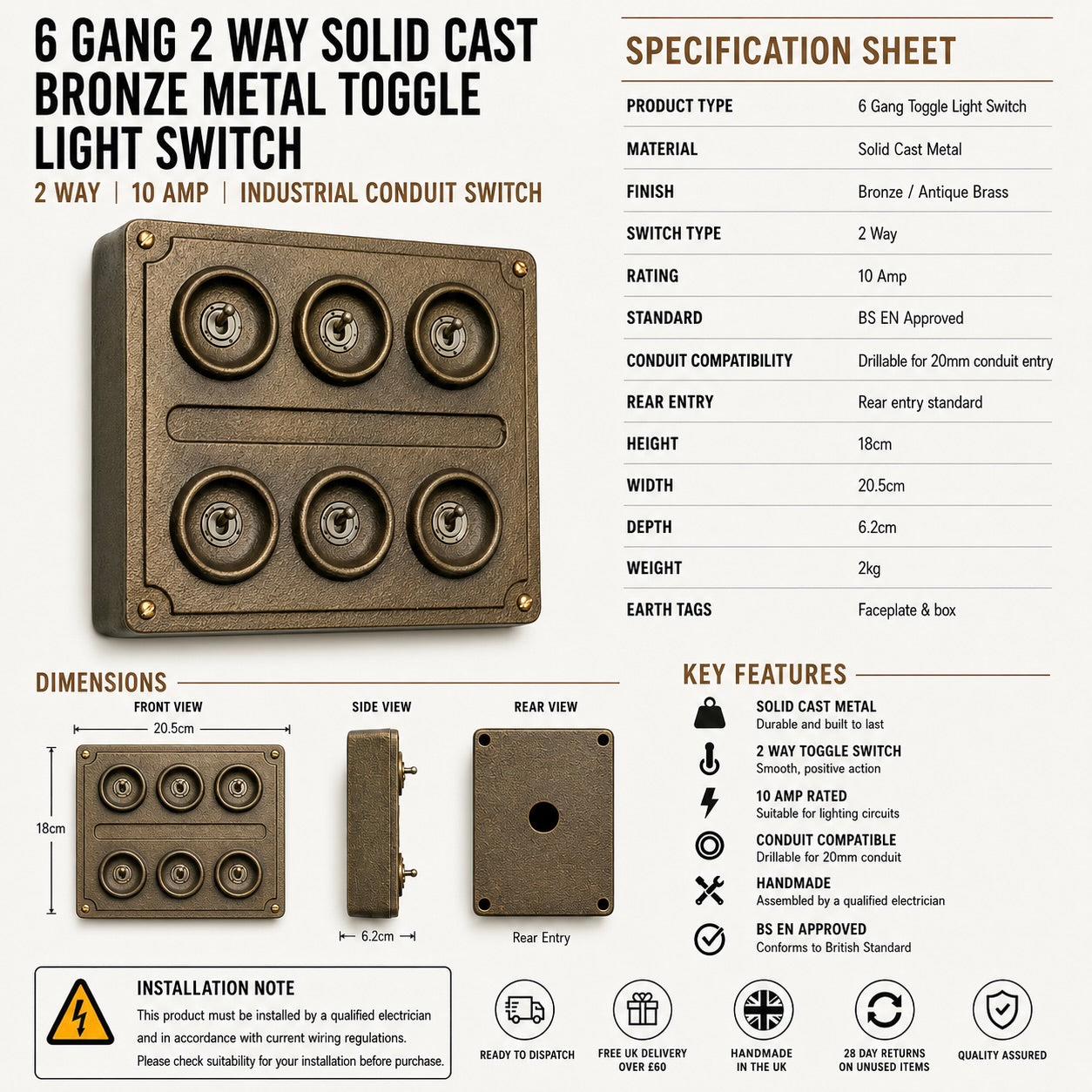 6 Gang 2 Way Antique Brass Solid Cast Metal Toggle Light Switch | Industrial Vintage Style