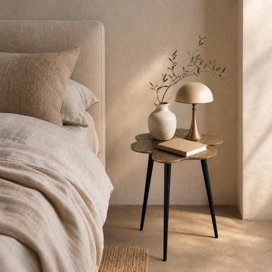 Brass Clover Side Table | Etched Botanical Top & Black Iron Legs
