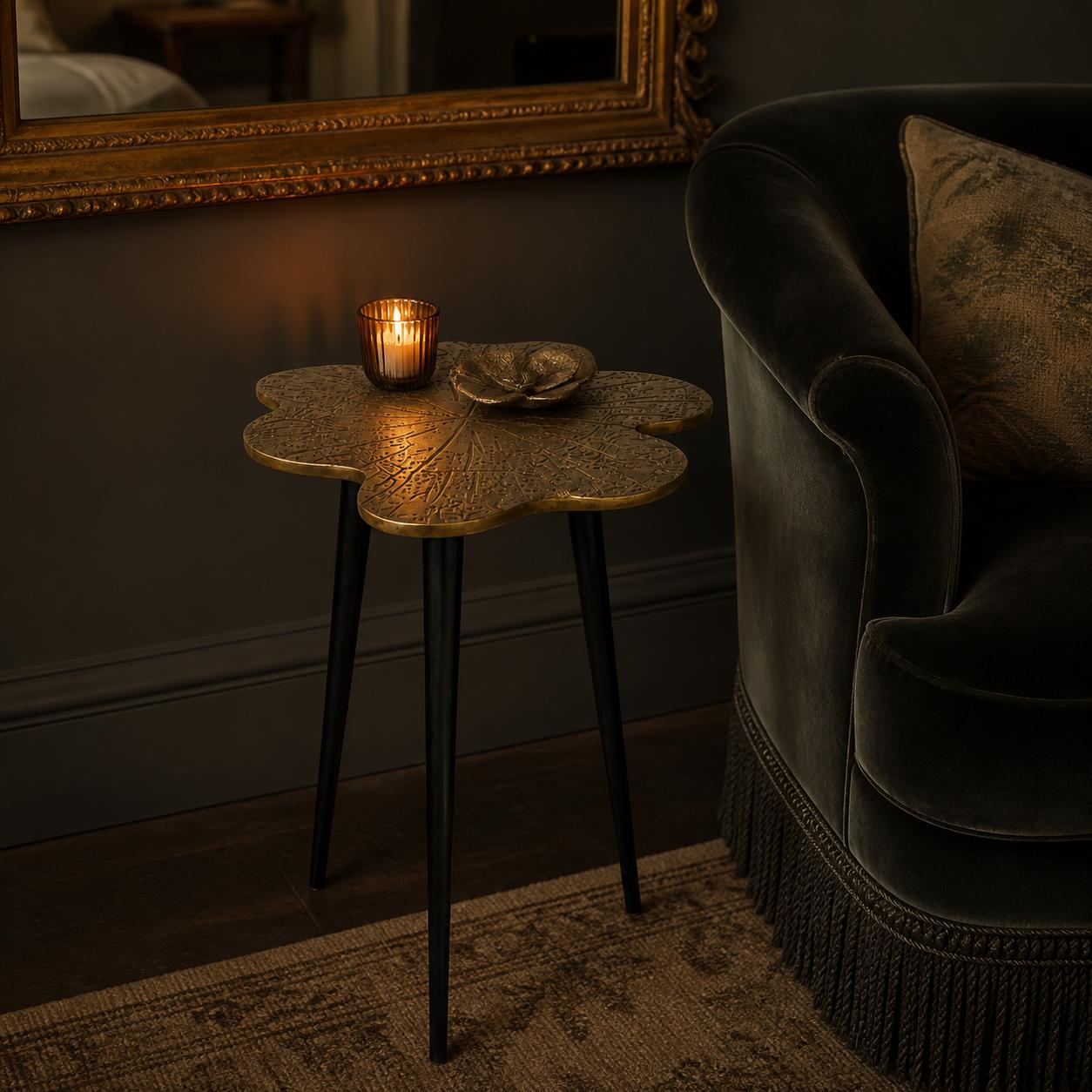 Brass Clover Side Table | Etched Botanical Top & Black Iron Legs
