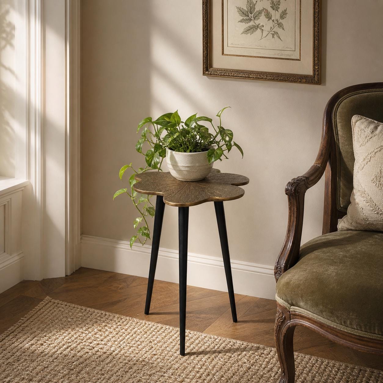 Brass Clover Side Table | Etched Botanical Top & Black Iron Legs