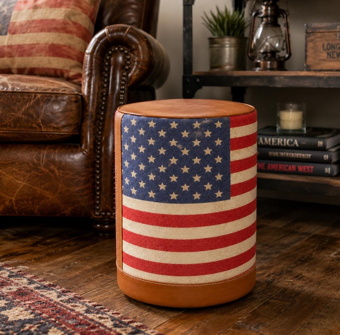 Stars & Stripes USA Flag Pouf Footstool | Genuine Leather and Vintage Fabric