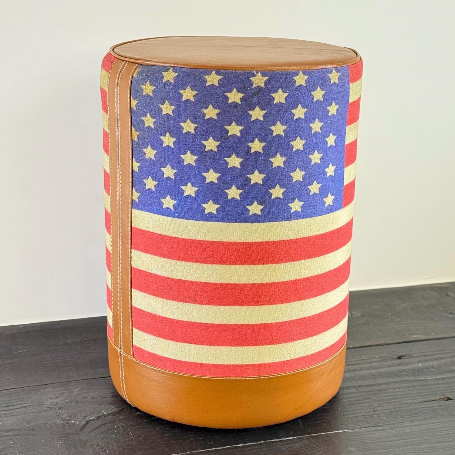 Stars & Stripes Flag Of The United States USA Pouf Solid Base Genuine Leather | Vintage Style | Floor Standing | Door Stop pouffe