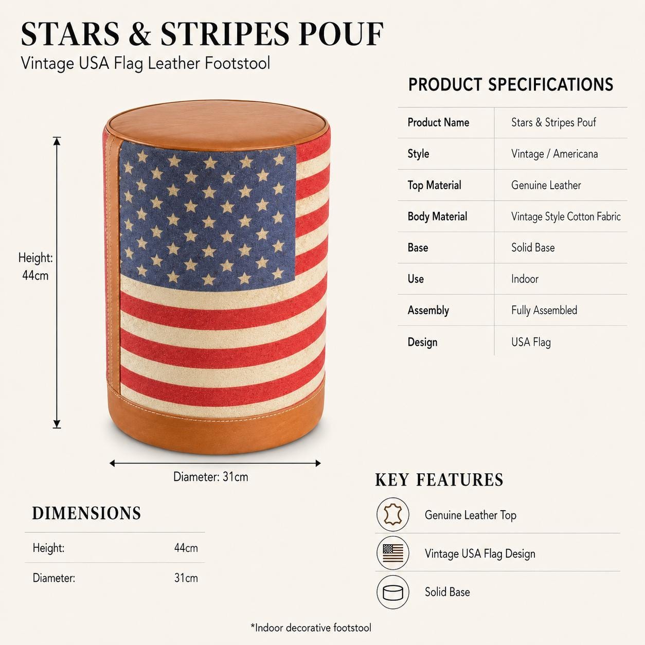 Stars & Stripes USA Flag Pouf Footstool | Genuine Leather and Vintage Fabric