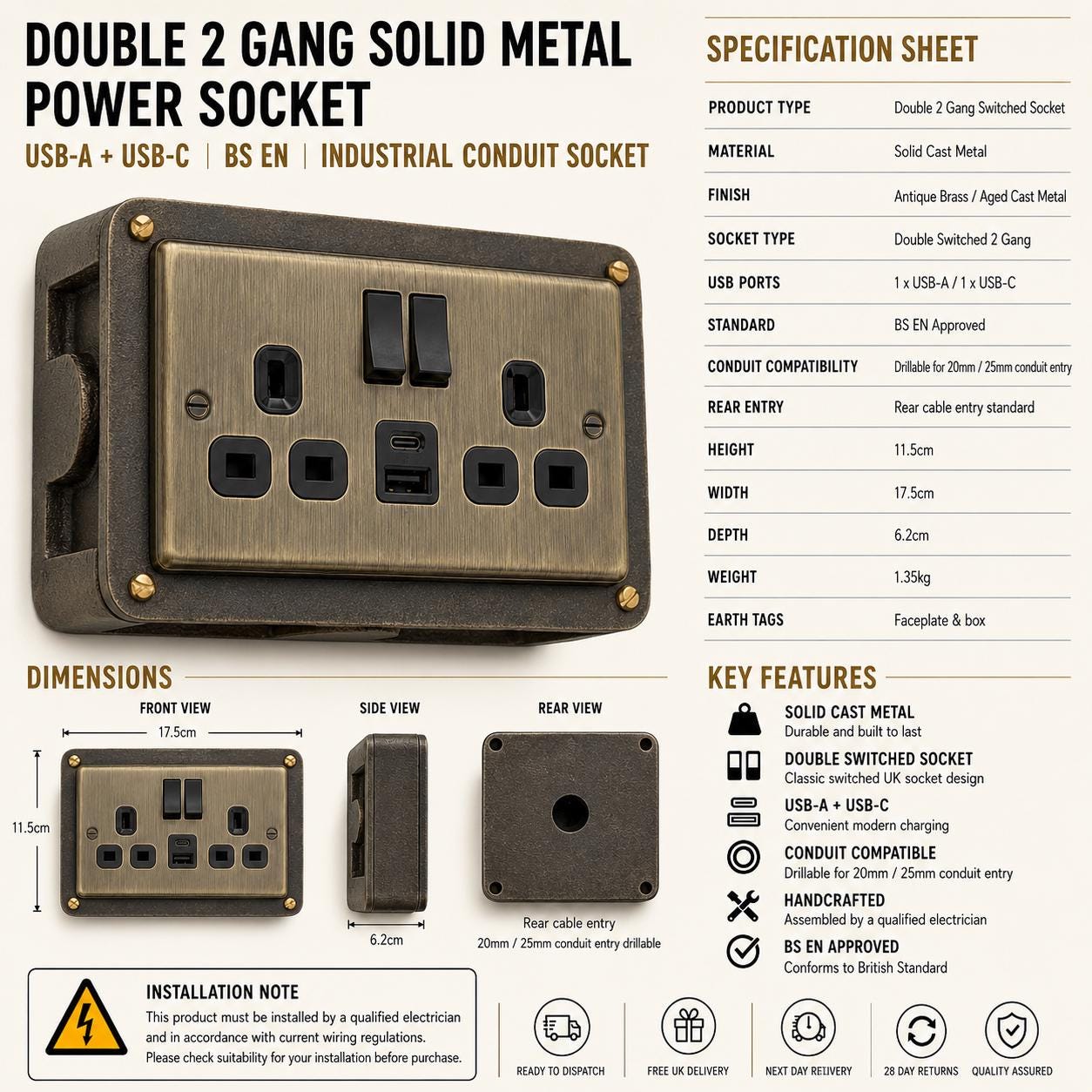 Antique Brass Double Switched 13A Socket | Solid Cast Metal Conduit Back Box