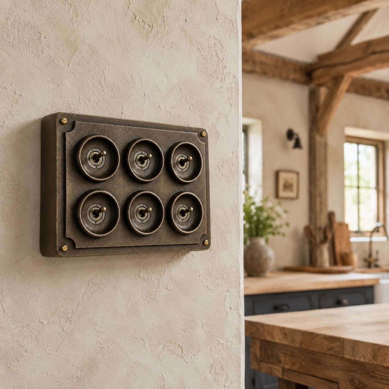 6 Gang 2 Way Antique Brass Solid Cast Metal Conduit Light Switch | Vintage Crabtree Style