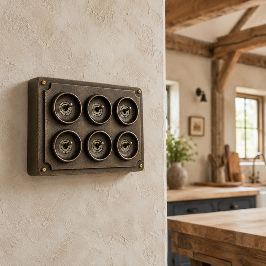 6 Gang 2 Way Antique Brass Solid Cast Metal Conduit Light Switch | Vintage Crabtree Style
