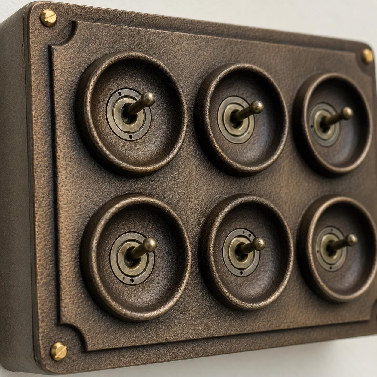 6 Gang 2 Way Antique Brass Solid Cast Metal Conduit Light Switch | Vintage Crabtree Style