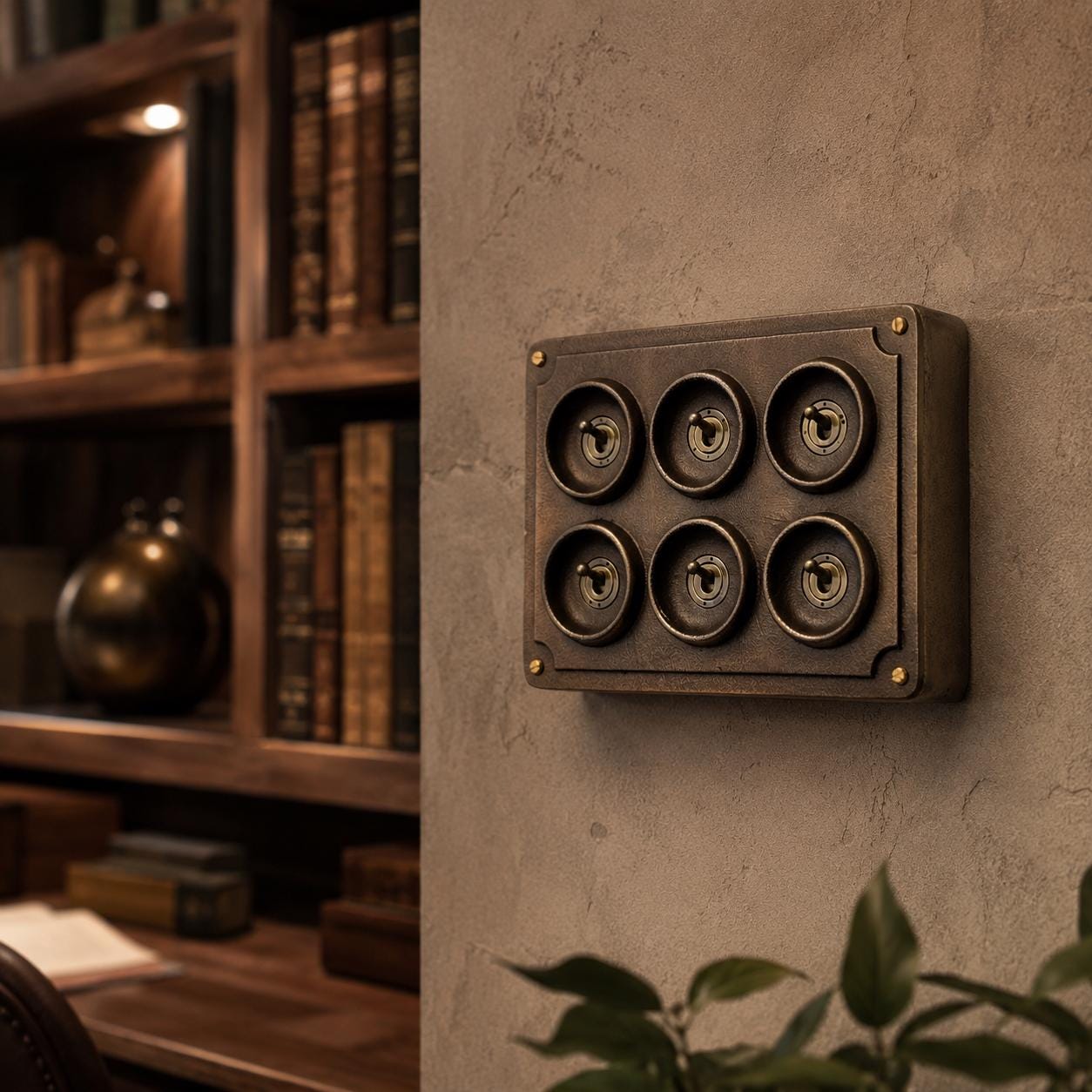 6 Gang 2 Way Antique Brass Solid Cast Metal Conduit Light Switch | Vintage Crabtree Style