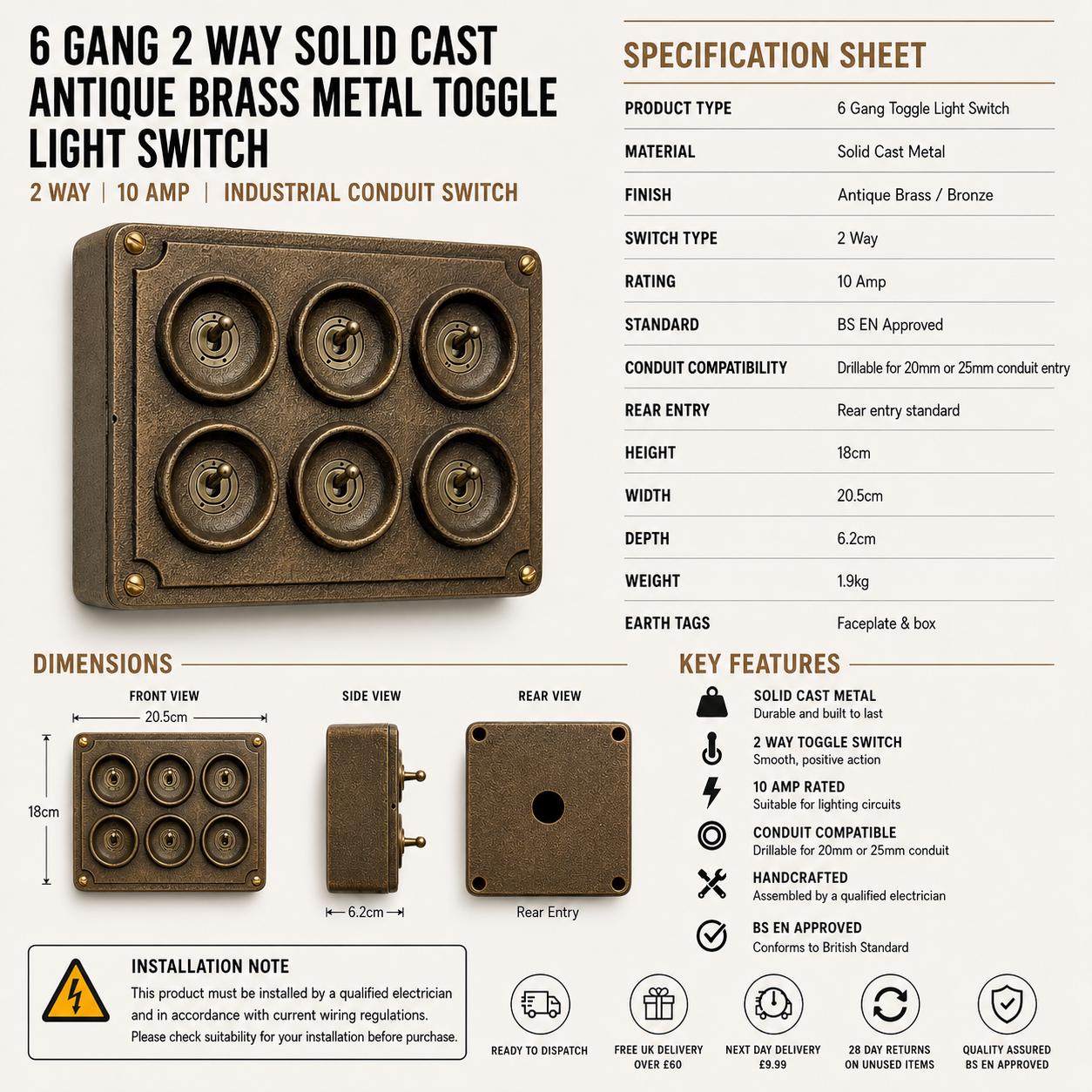 6 Gang 2 Way Antique Brass Solid Cast Metal Conduit Light Switch | Vintage Crabtree Style