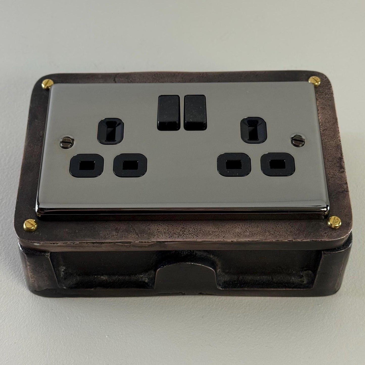 Black Nickel Double Gang Plug Socket with Industrial Antique Copper Back Conduit Box