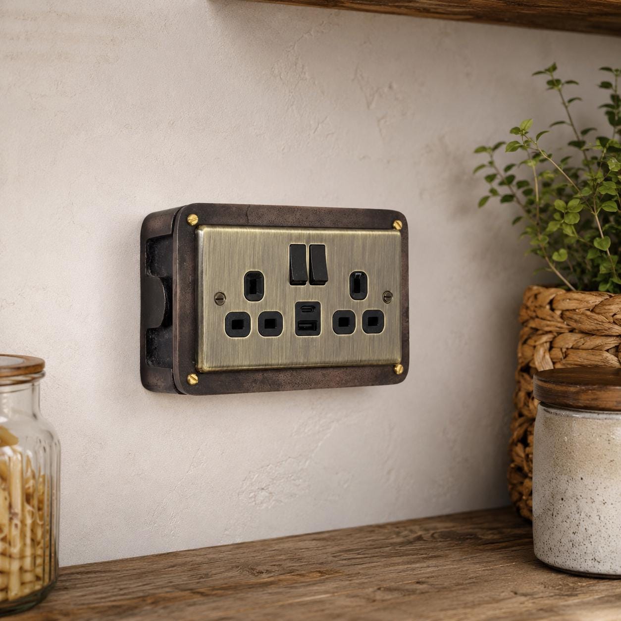 Antique Brass Double Switched Antique Copper Solid Cast Metal Conduit 2-Gang Socket + 2 Outlet Type A & C USB Charger