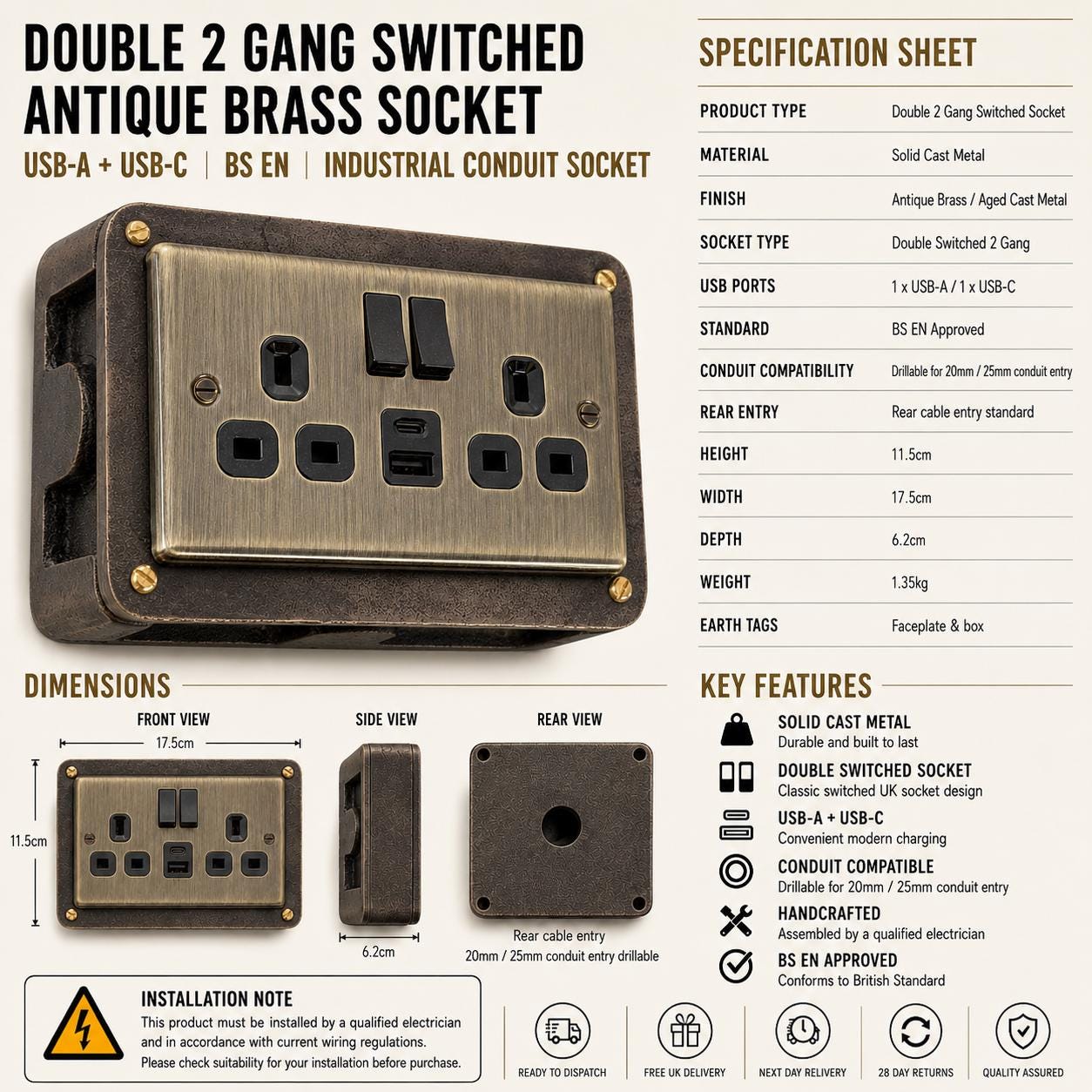 Antique Brass Double Switched Antique Copper Solid Cast Metal Conduit 2-Gang Socket + 2 Outlet Type A & C USB Charger