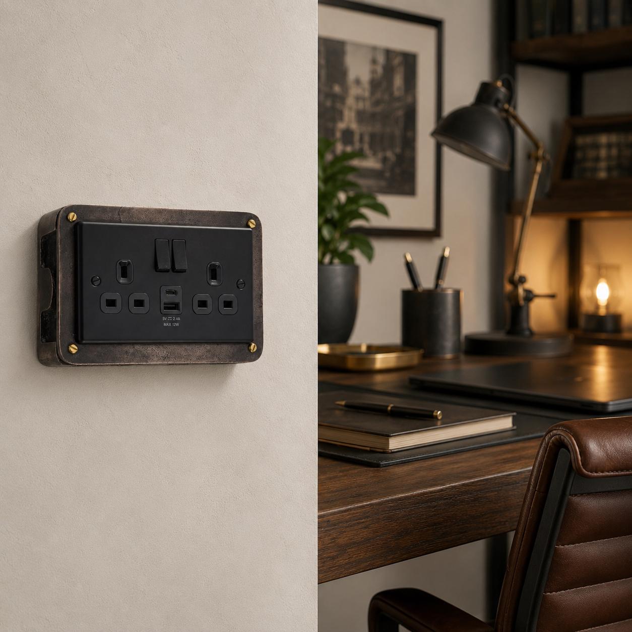 Matt Black Double Gang Plug Socket with Industrial Antique Copper Back Conduit Box