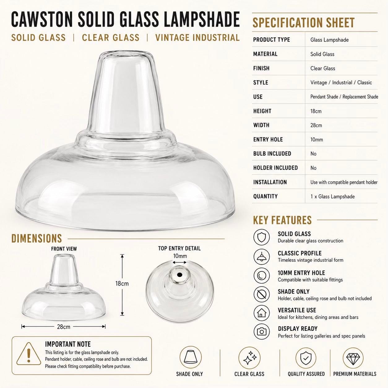 Cawston 11 Inch Solid Glass Lampshade | Vintage Holophane Style Shade