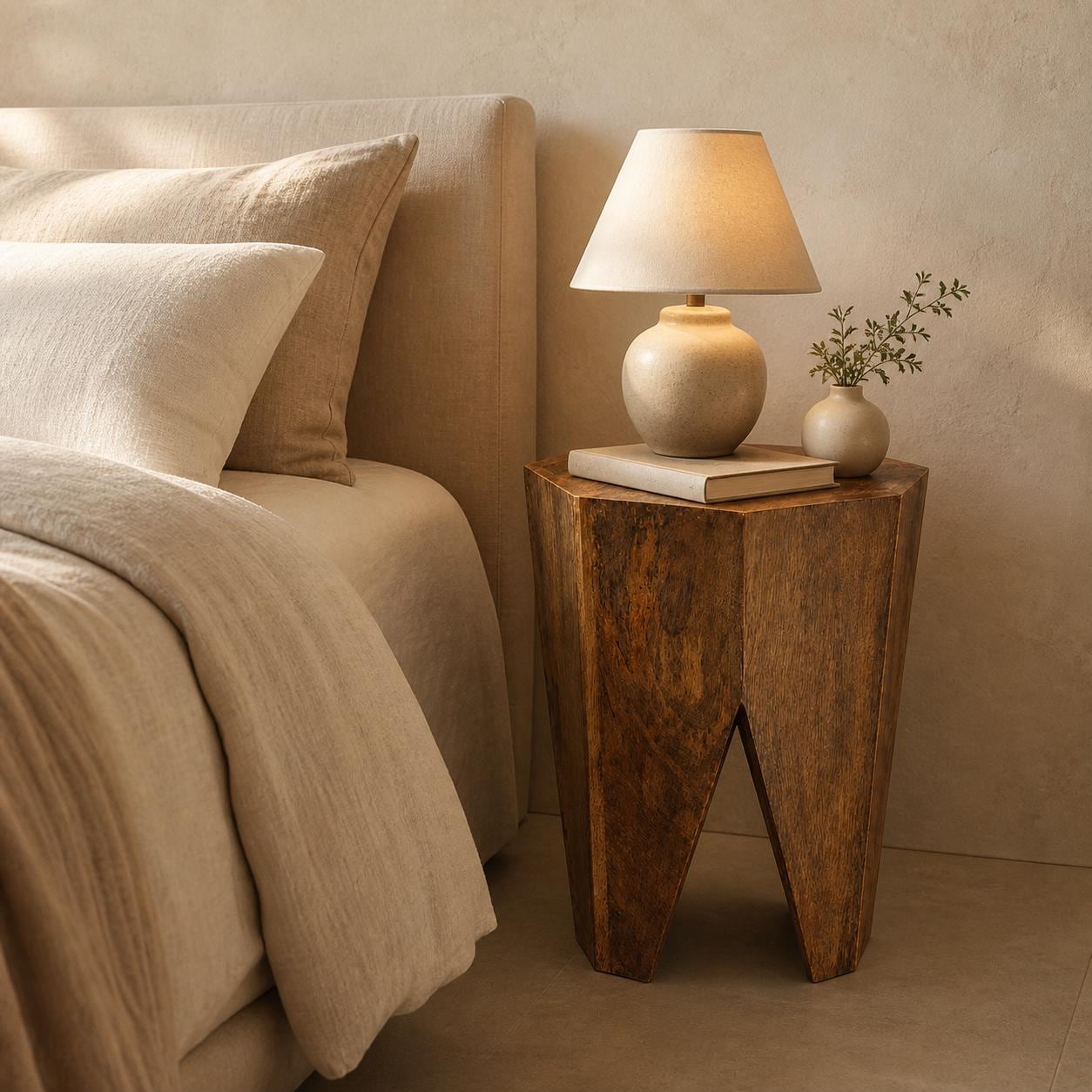 Solid Mango Wood Side Table | Retro Carved Coffee Table Stool