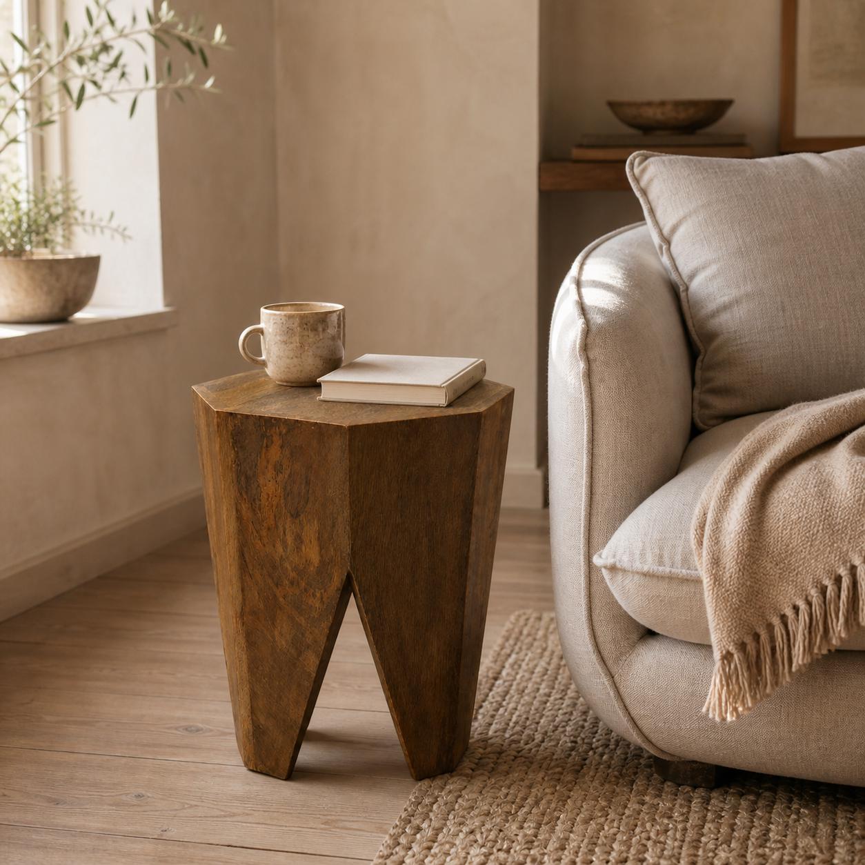 Solid Mango Wood Side Table | Retro Carved Coffee Table Stool