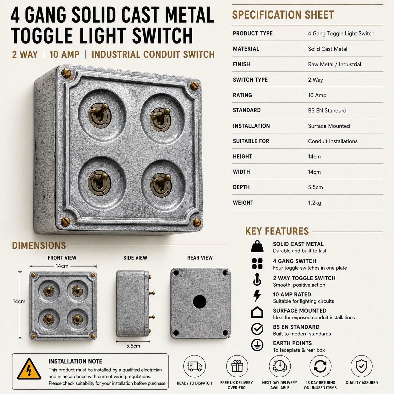 4 Gang 2 Way Solid Cast Metal Conduit Light Toggle Switch | Industrial Surface Mounted