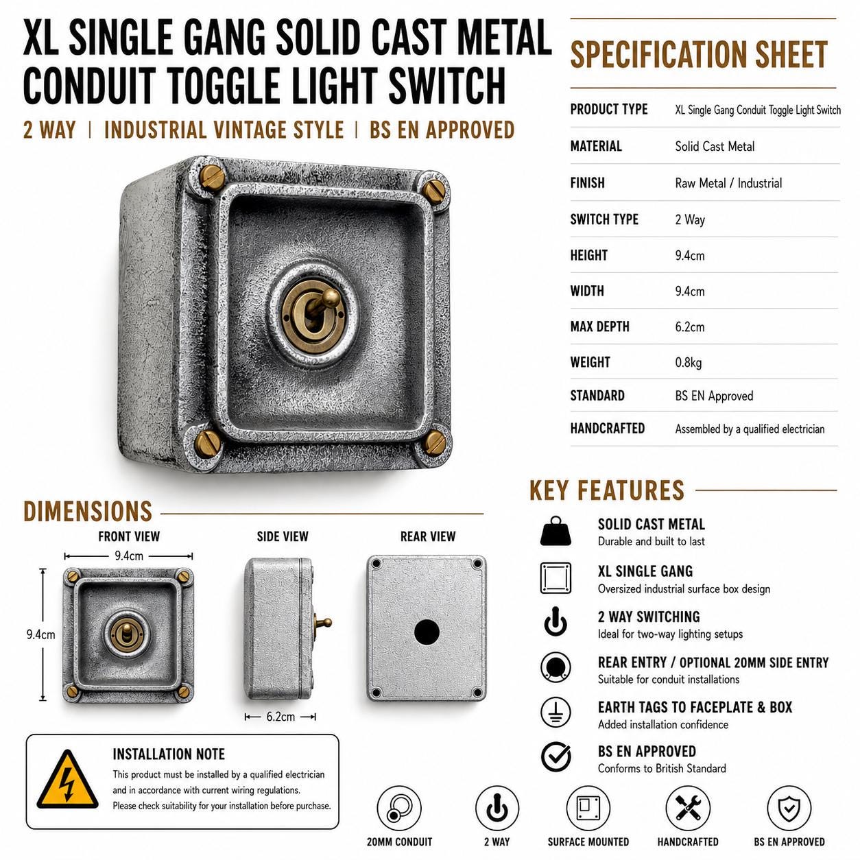 XL Single Gang 2 Way Cast Metal Conduit Toggle Light Switch | Industrial Vintage Style