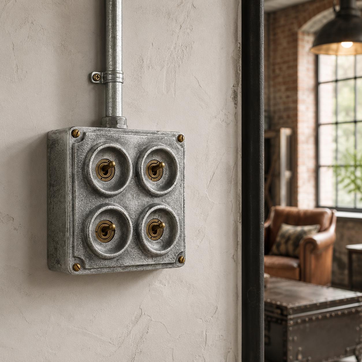 4 Gang 2 Way Solid Cast Metal Conduit Light Switch Industrial - Vintage Crabtree Style