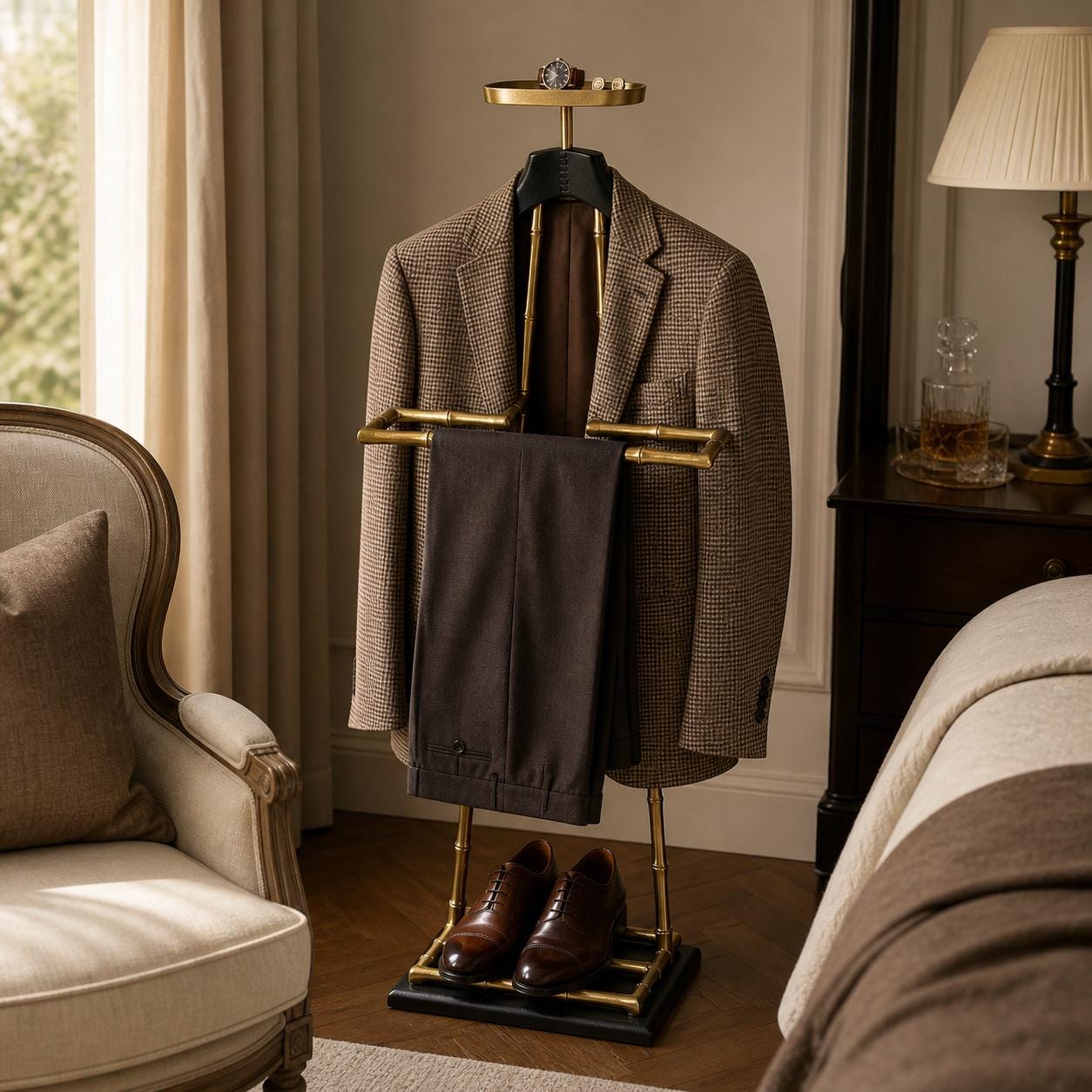 Luxury Dressboy Vintage Brass & Black Leather Valet Suit and Clothes Stand
