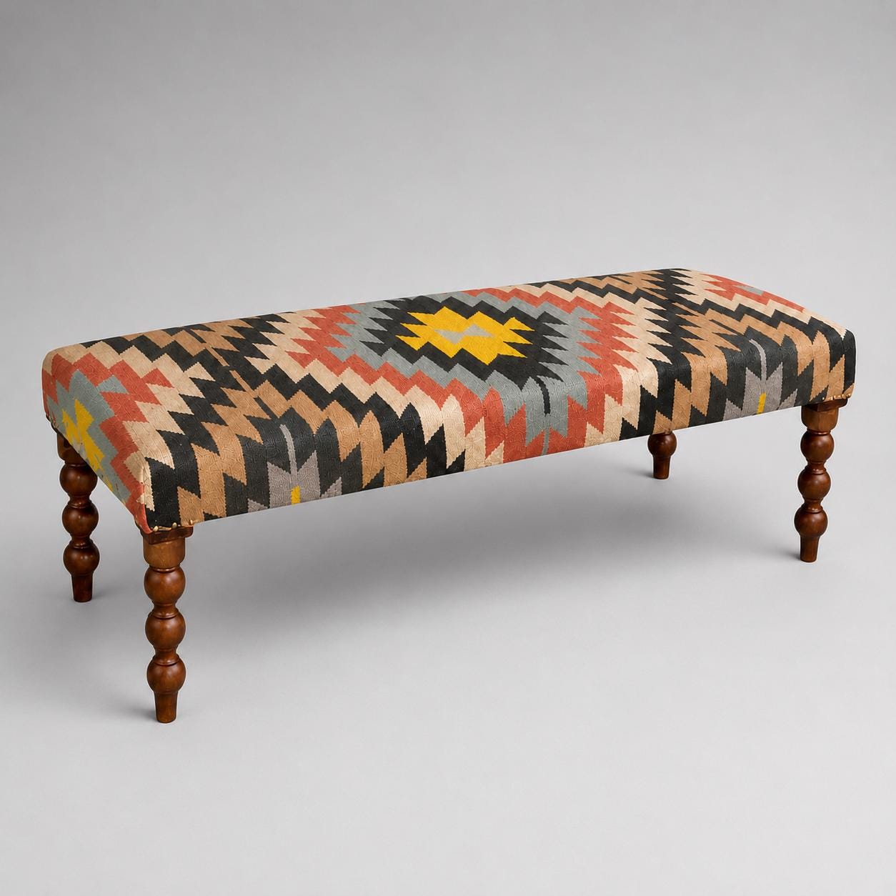 Geometric Kilim Ottoman Bench Stool | Handwoven Wool & Cotton | 121cm
