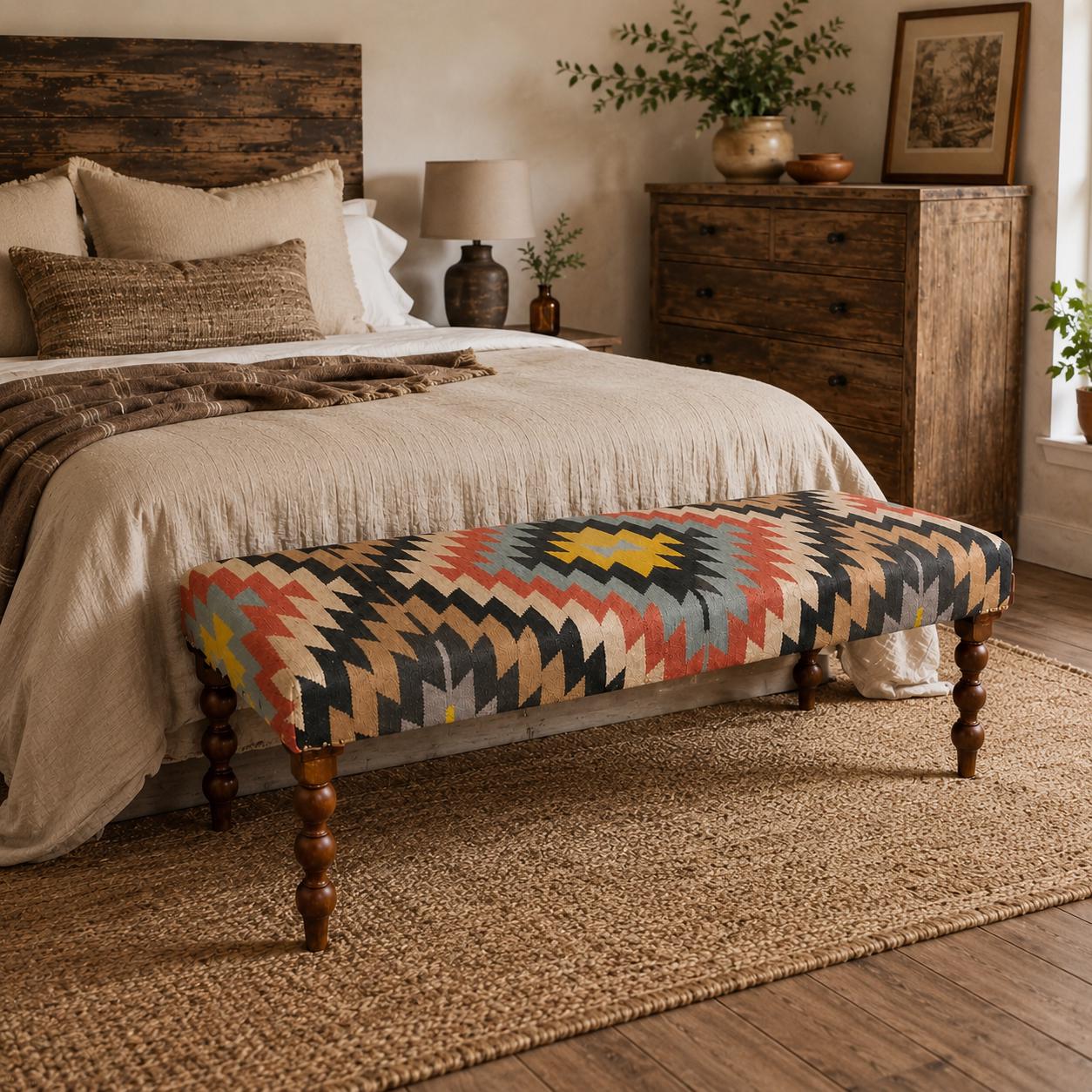 Geometric Kilim Ottoman Bench Stool | Handwoven Wool & Cotton | 121cm
