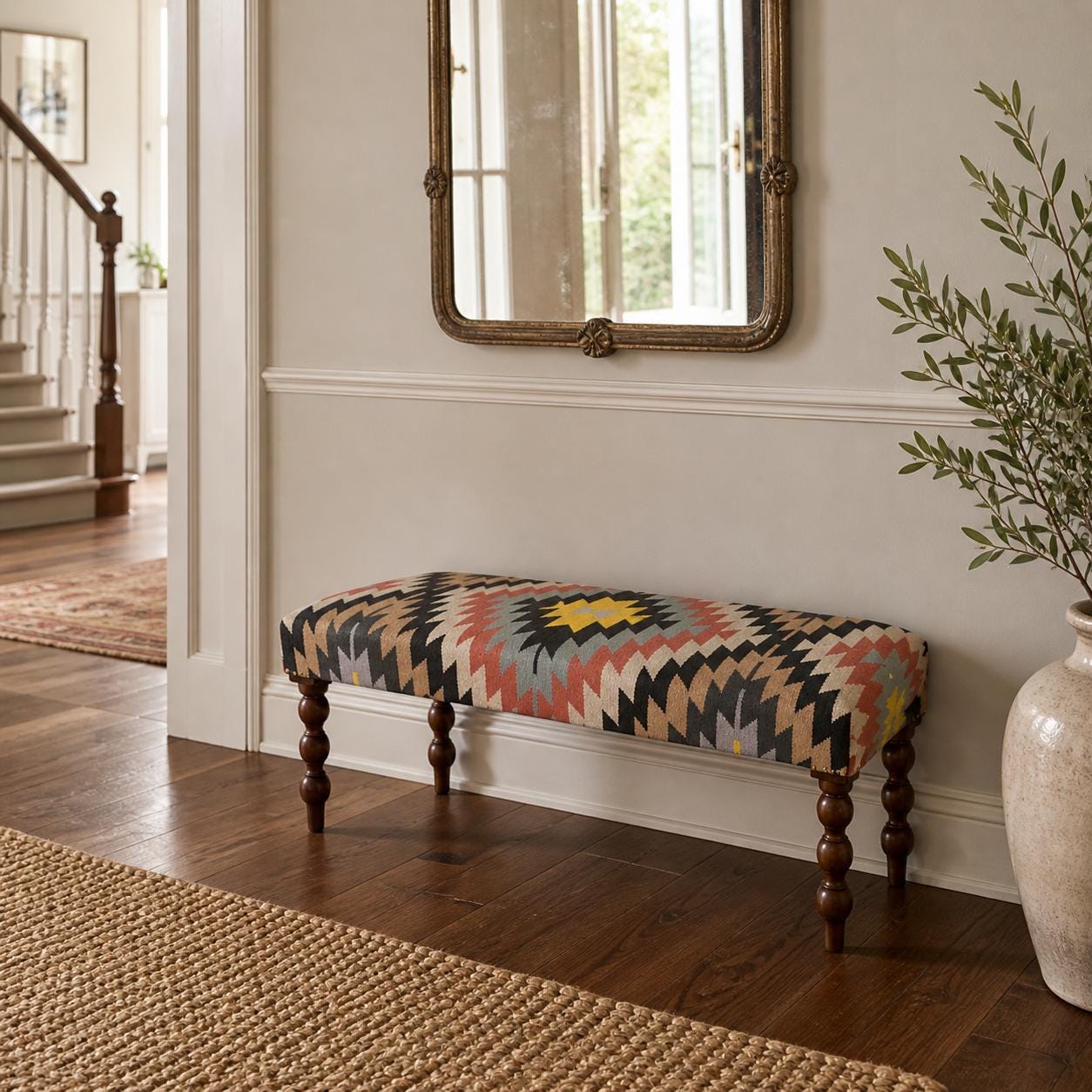 Geometric Kilim Ottoman Bench Stool | Handwoven Wool & Cotton | 121cm
