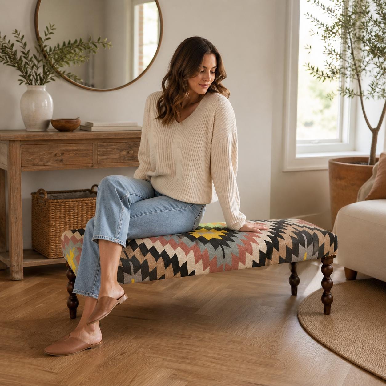 Geometric Kilim Ottoman Bench Stool | Handwoven Wool & Cotton | 121cm