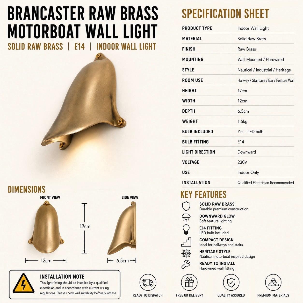 Brancaster - Raw Brass Motorboat Ventilator Cover | Indoor Wall Light