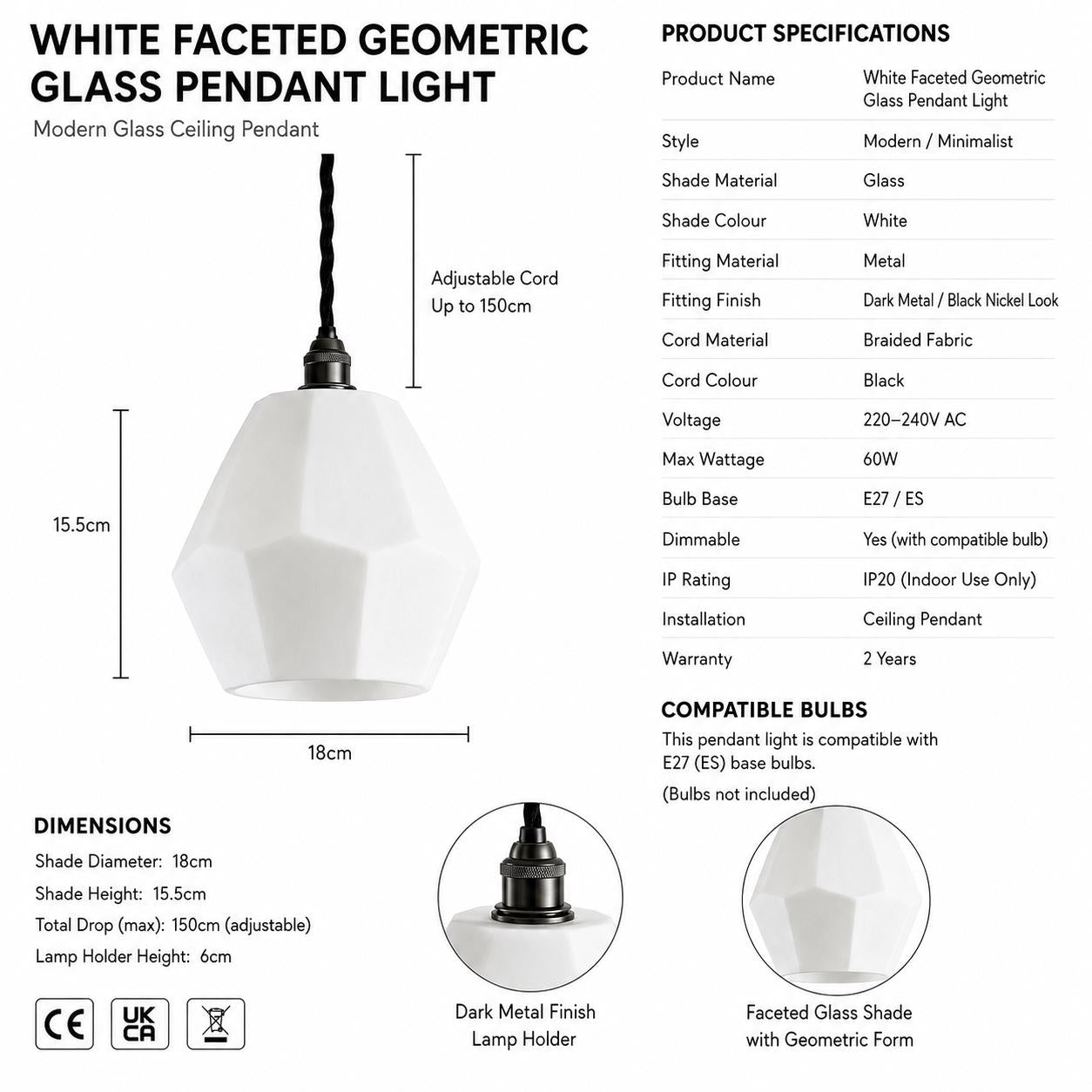 White Opal Geometric Glass Pendant Light | Faceted Ceiling Shade