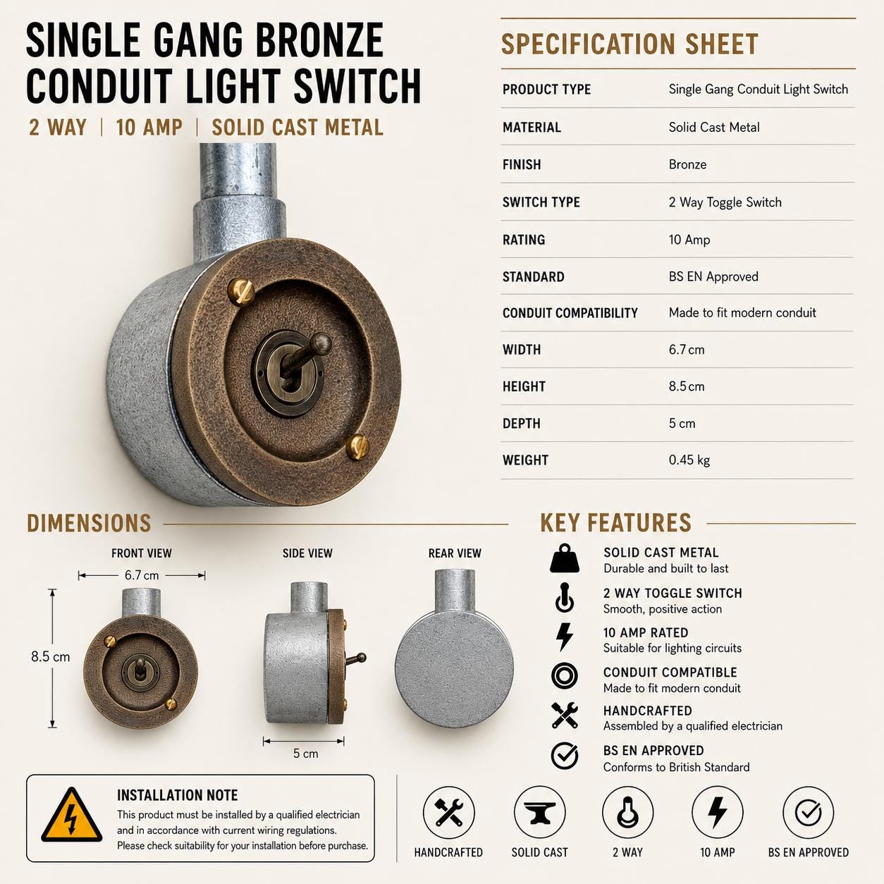 Single Gang 2 Way Antique Brass Conduit Light Toggle Switch | Solid Cast Metal *Pre Order*