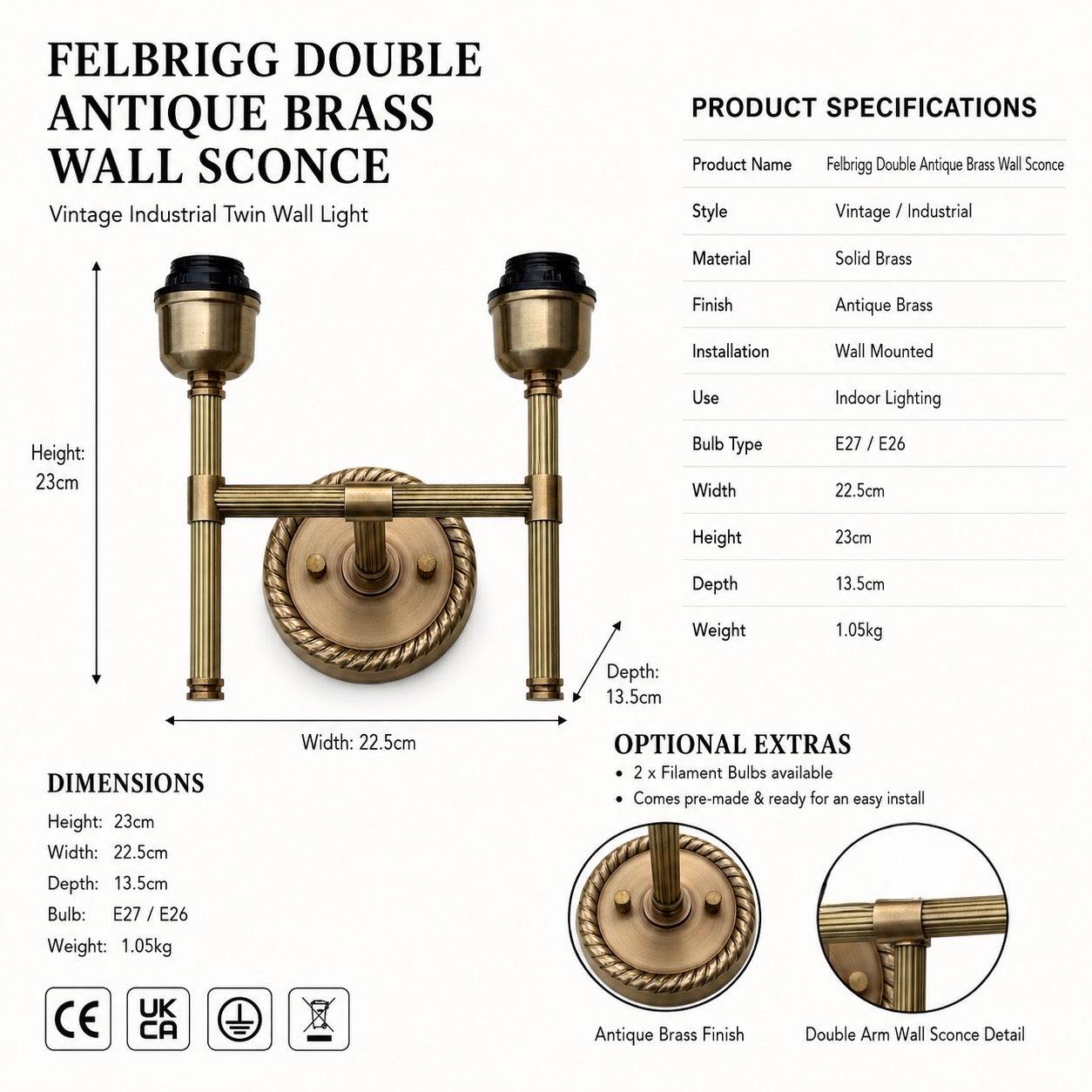 Felbrigg - Double Antique Brass Twin Wall Light Sconce