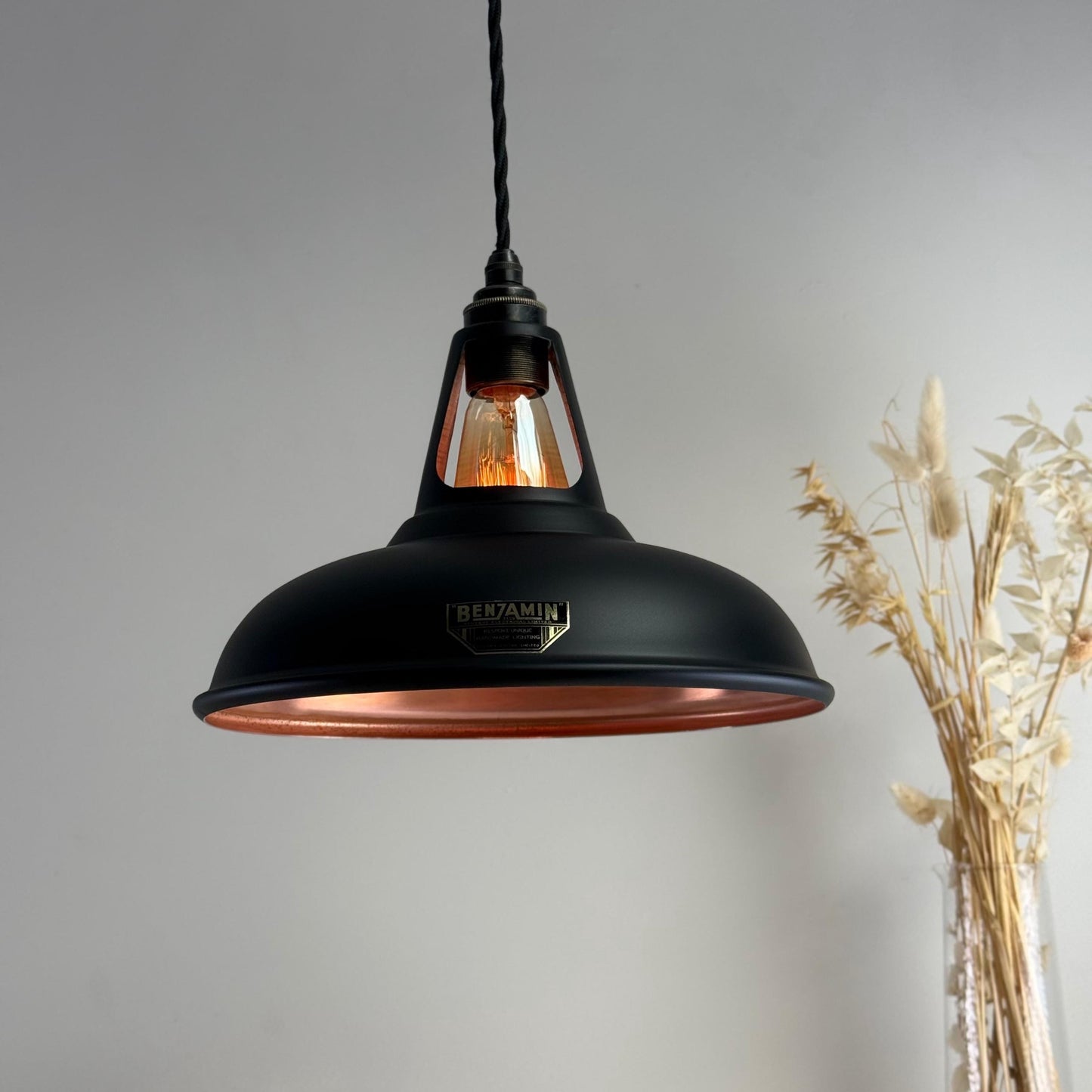 Cawston - Matt Black & Antique Copper Lampshade Slotted Design Pendant Light *Pre Order* - 11 Inch