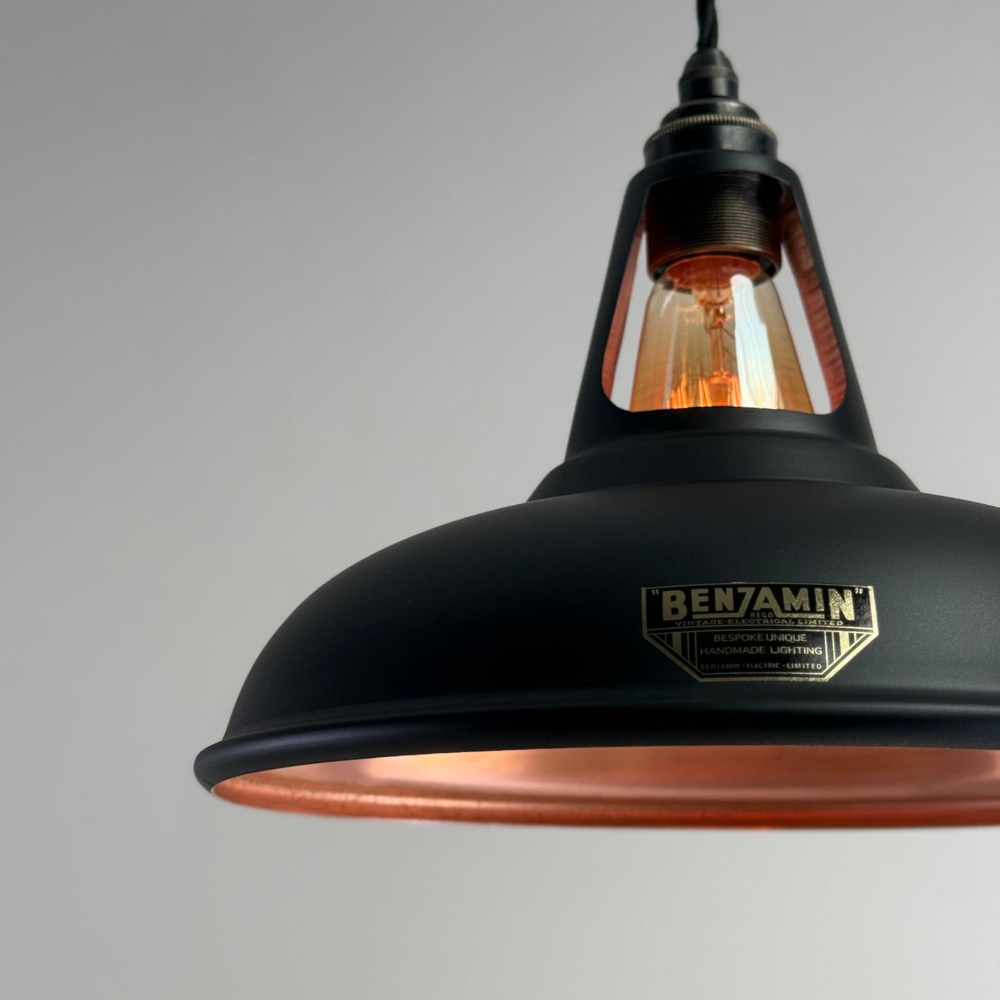 Cawston - Matt Black & Antique Copper Lampshade Slotted Design Pendant Light *Pre Order* - 11 Inch