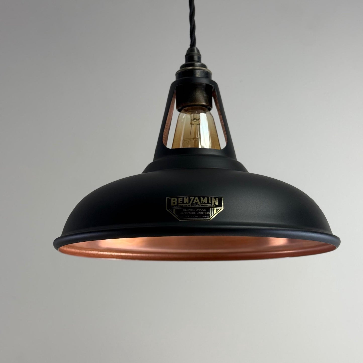 Cawston - Matt Black & Antique Copper Lampshade Slotted Design Pendant Light *Pre Order* - 11 Inch