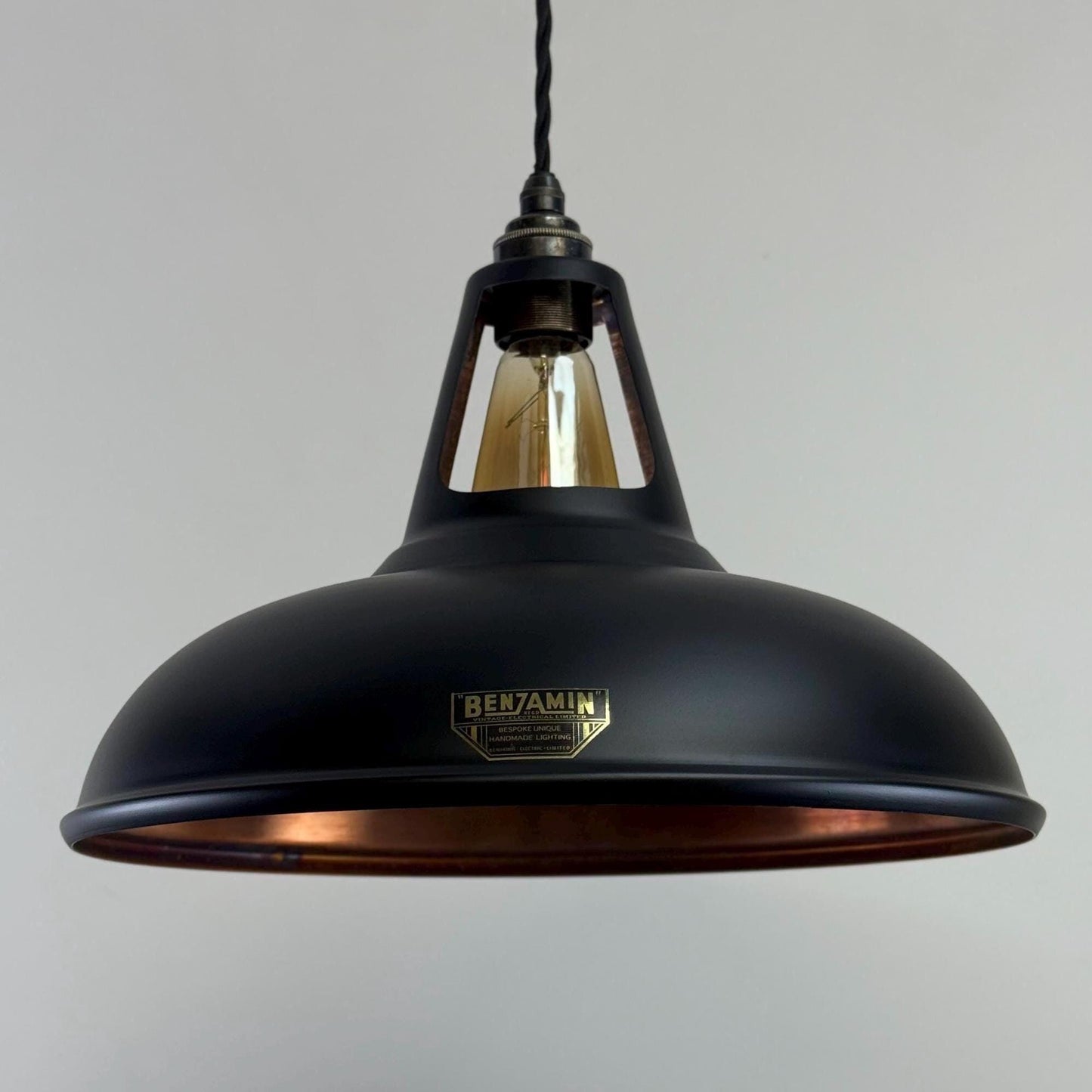 Cawston XL ~ Matt Black & Antique Copper Lampshade Slotted Design Pendant Ceiling Light ~ 14 Inch