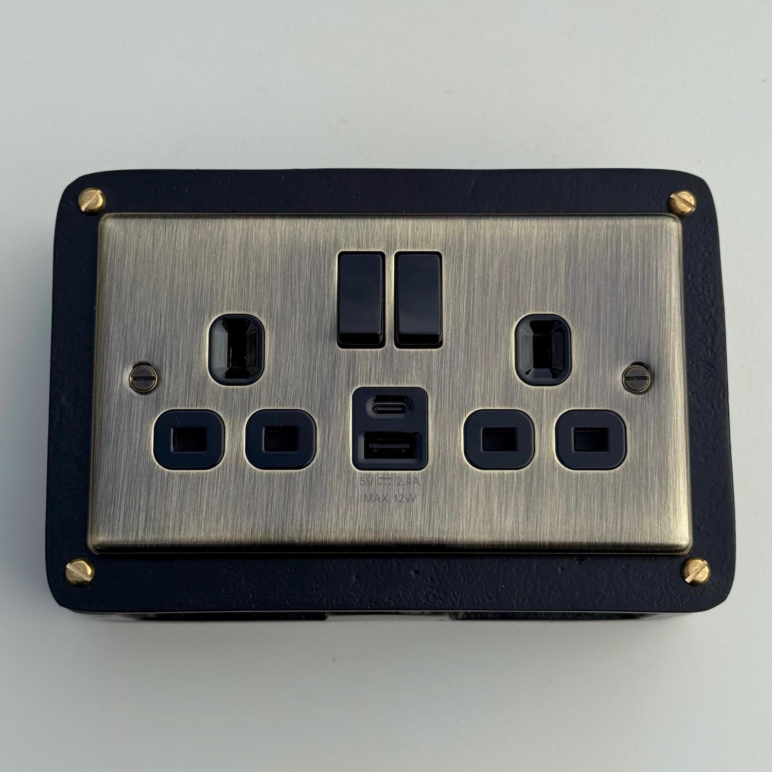 Antique Brass Double Gang Plug Socket with Industrial Black Cast Back Conduit Box