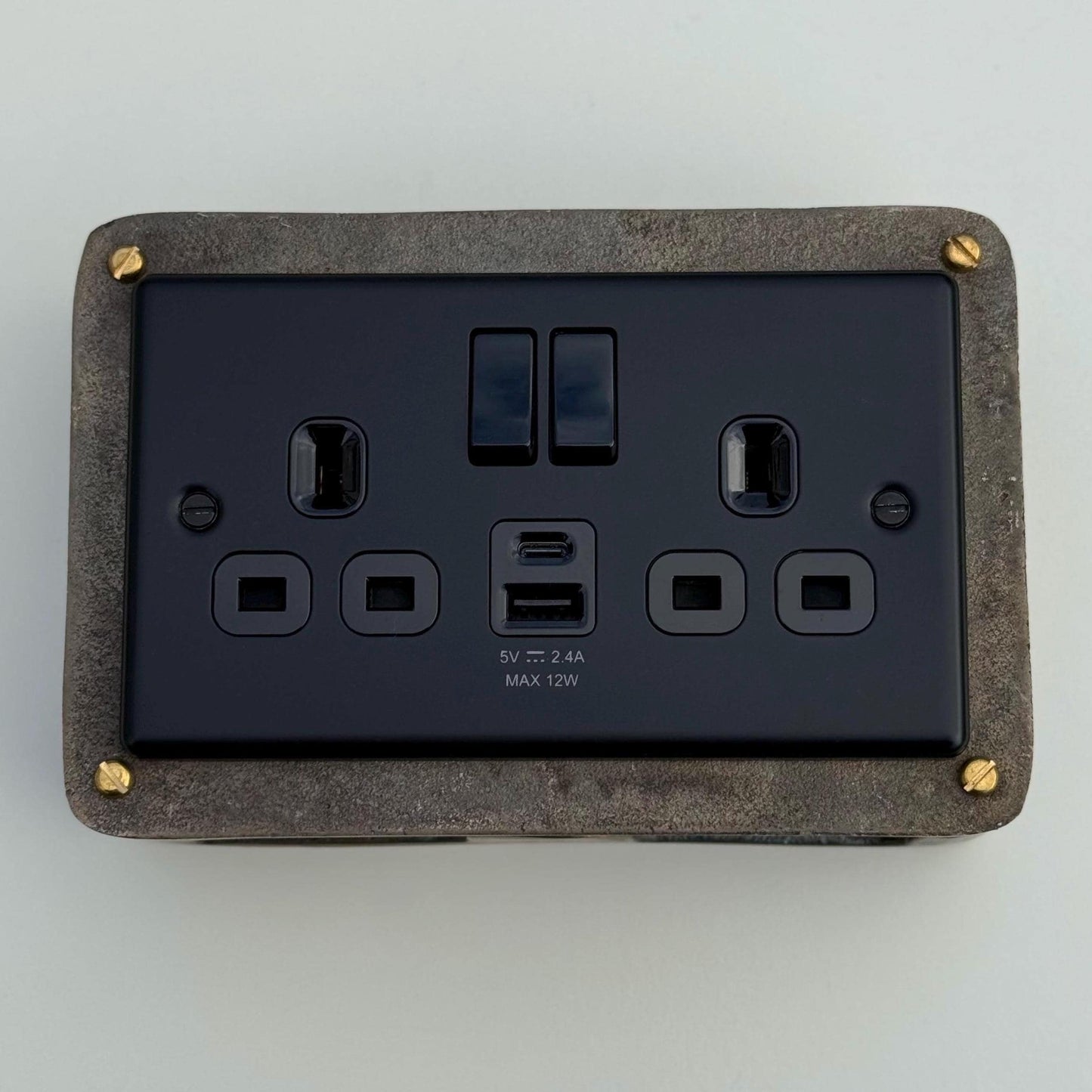 Matt Black Double Gang Plug Socket with Industrial Antique Brass Back Conduit Box