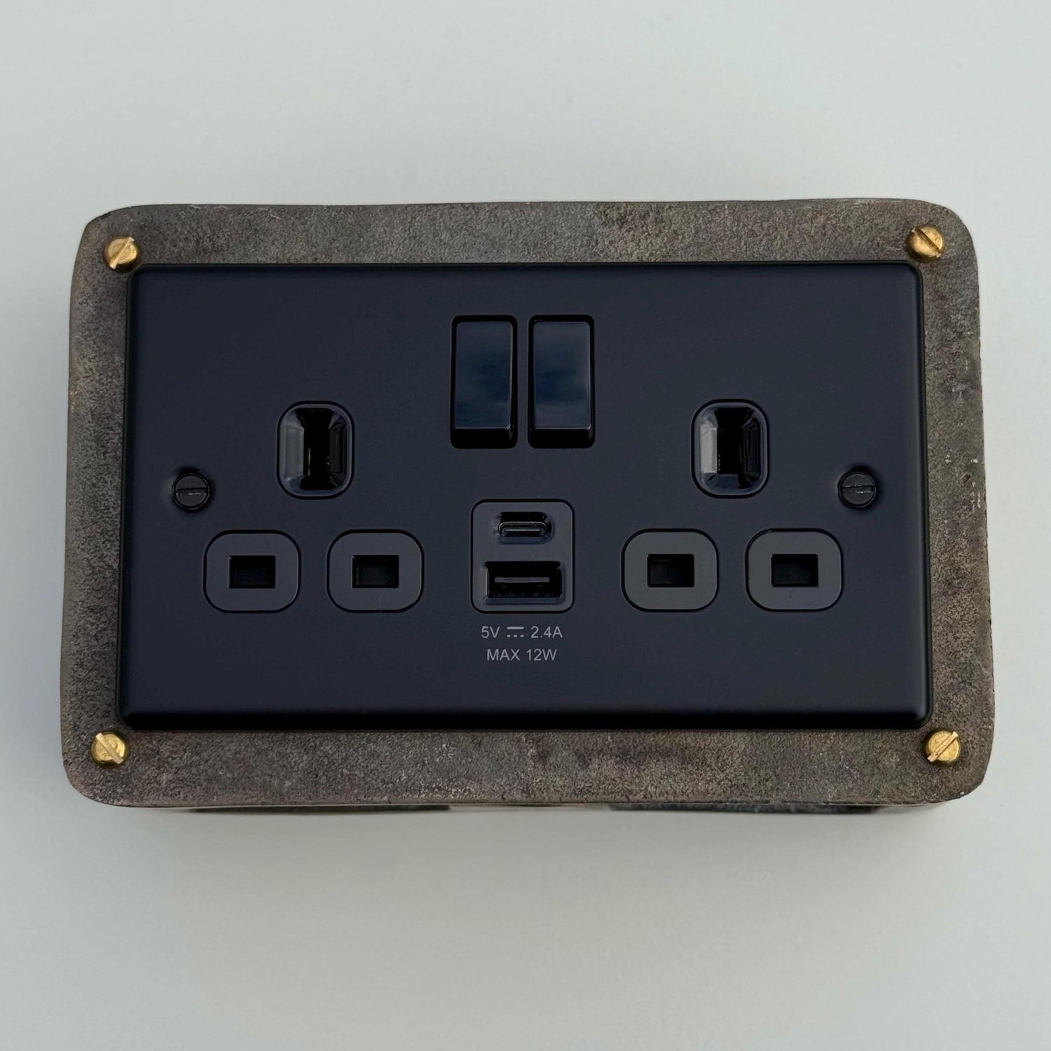 Matt Black Double Gang Plug Socket with Industrial Antique Brass Back Conduit Box