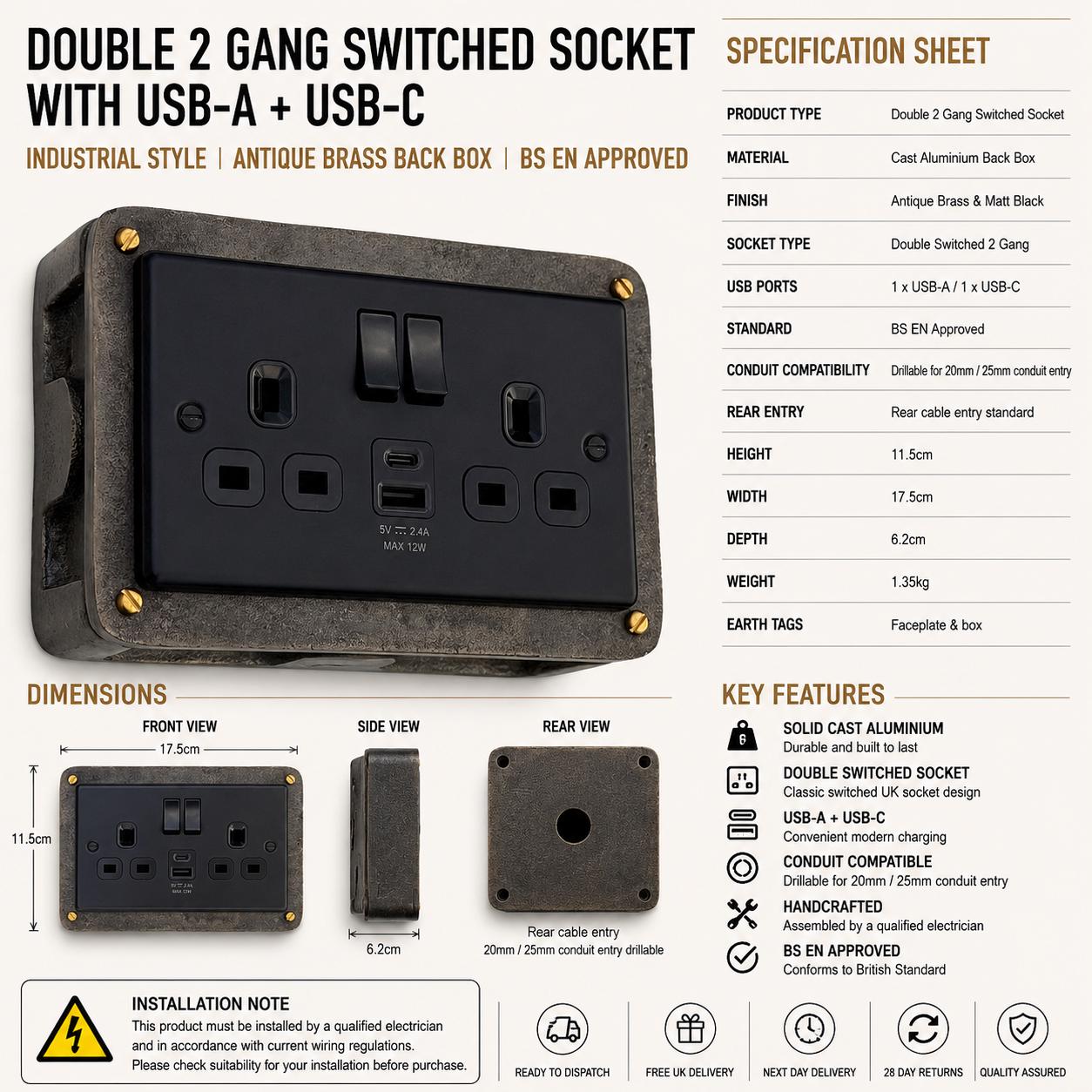 Matt Black Double Gang Plug Socket with Industrial Antique Brass Back Conduit Box
