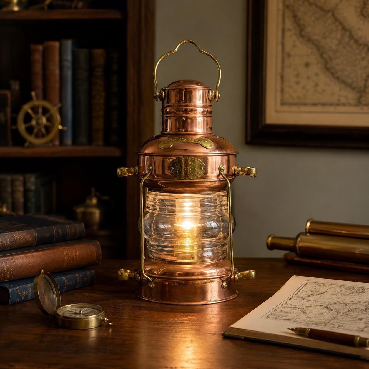 Solid Copper & Brass Nautical Anchor Table Lamp | Maritime Ship Lantern