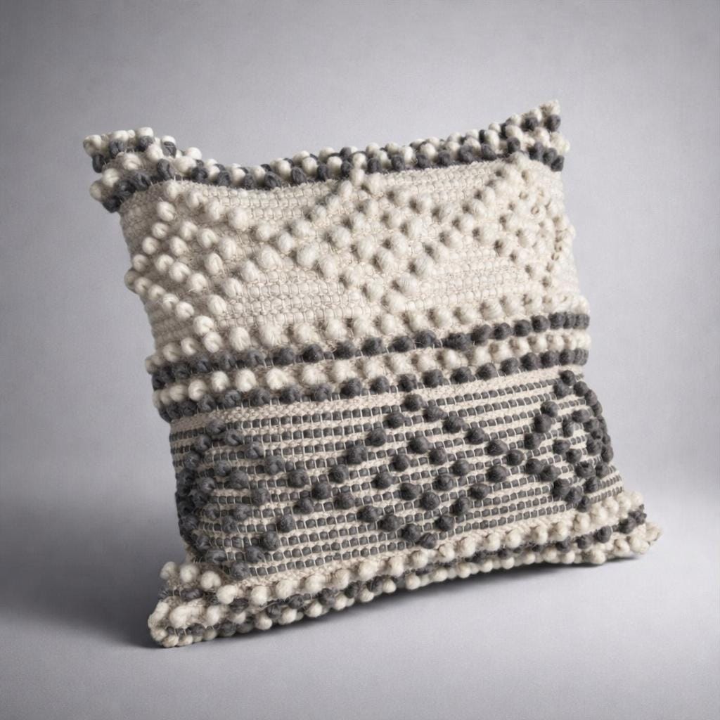 Handwoven Textured Pom-Pom Cushion Cover - Cream & Charcoal Grey Geometric - Boho Neutral Pillow 16x16