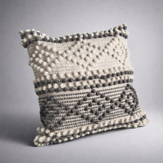 Handwoven Textured Pom-Pom Cushion Cover - Cream & Charcoal Grey Geometric - Boho Neutral Pillow 16x16