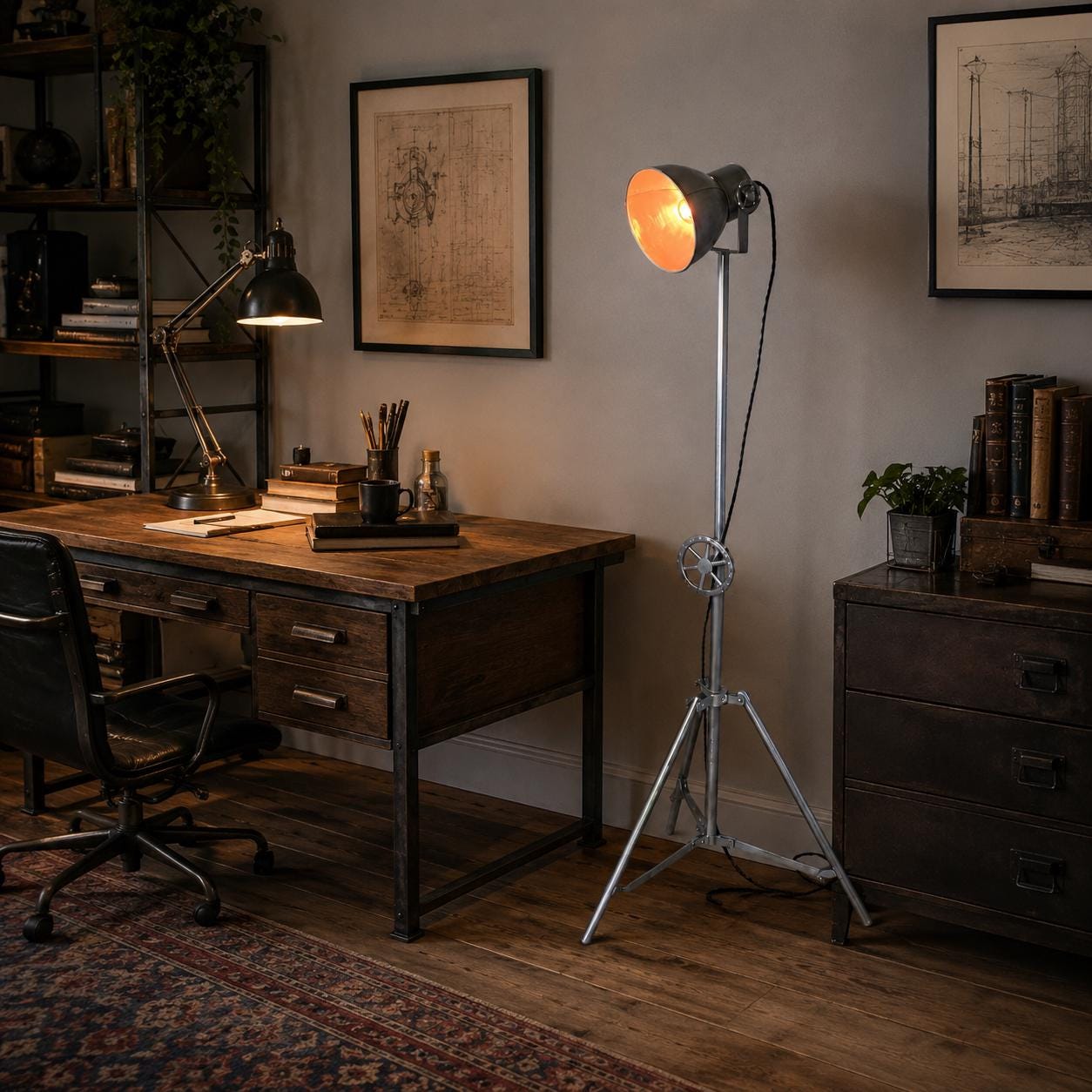 Industrial Tripod Theatre Floor Lamp | Vintage Spotlight Reading Light