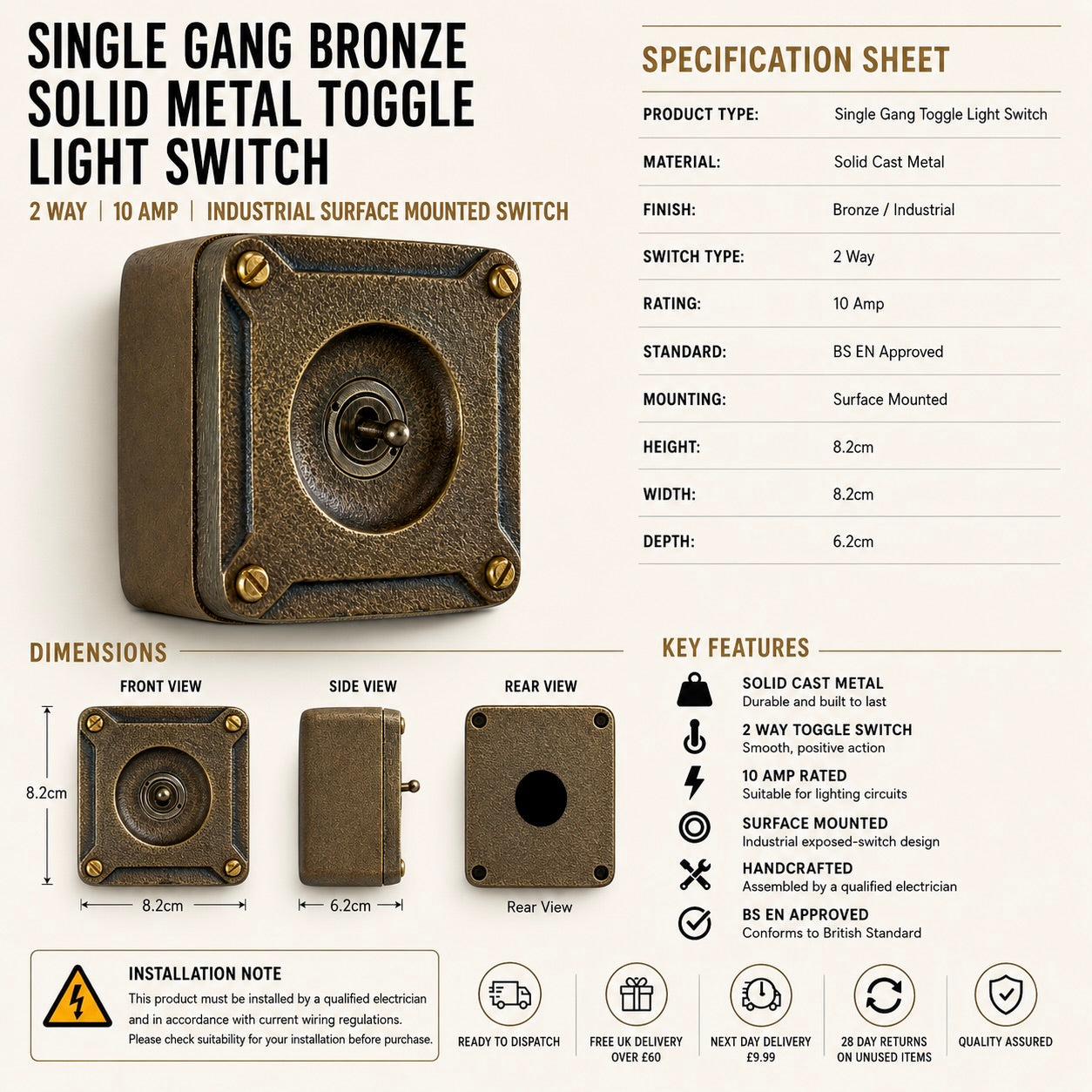 Single Gang Bronze Solid Cast Metal Surface Mounting Light Switch Industrial 2 Way - BS EN Approved Vintage Britmac Style